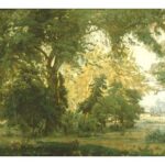 EN LA QUINTA NORMAL 1908 Óleo sobre tela 153 x 227 cm En este cuadro Pedro Lira despliega todo su talento a la hora de plasmar paisajes en el lienzo. La obra, en la cual, notoriamente, predomina el color verde, ostenta una técnica derivada del impresionismo sin adoptarlo del todo.